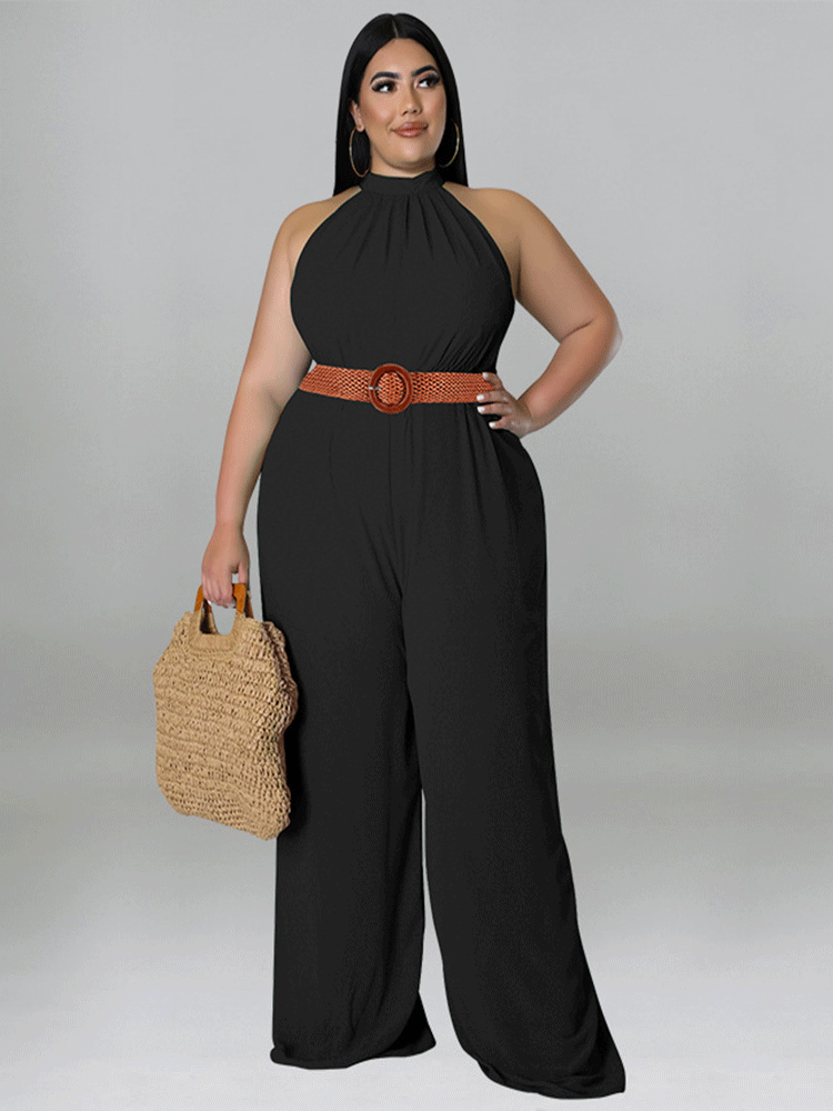 Sleeveless Halter Wide Leg Jumpsuit With Belt Tiynon
