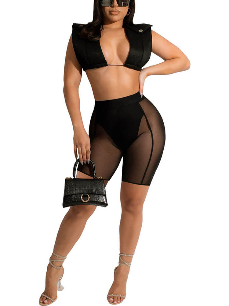Sleeveless Lace Up Crop Top & Mesh Shorts Tiynon