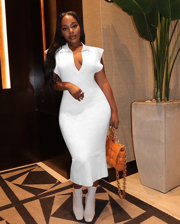 Sleeveless Lapel Tank Bodycon Midi Dresses Tiynon