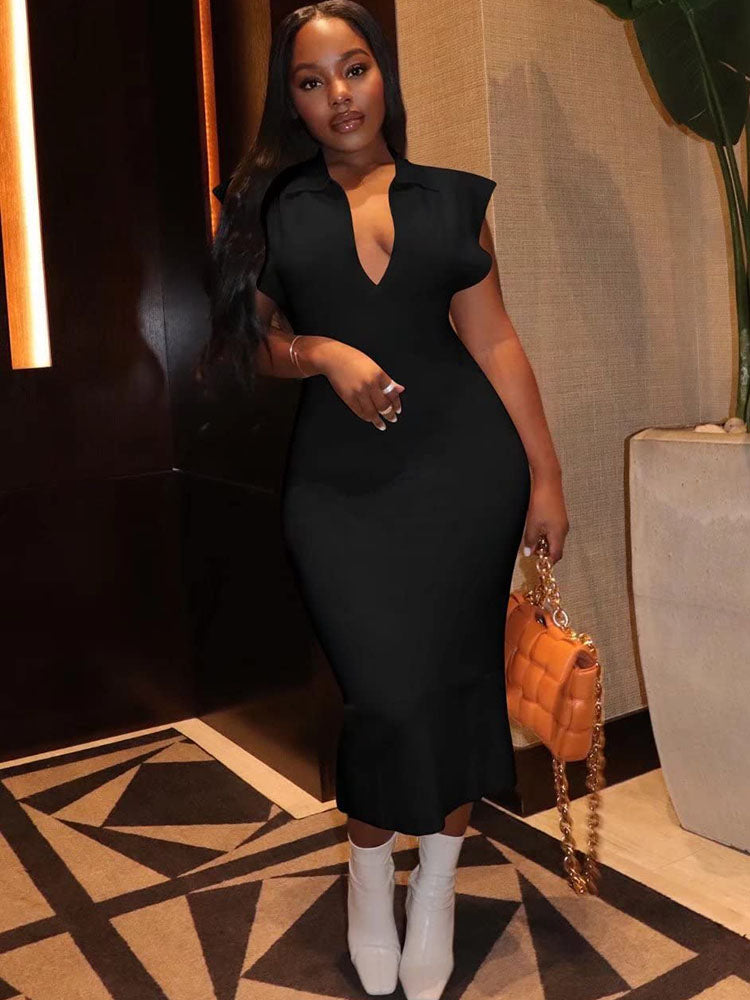 Sleeveless Lapel Tank Bodycon Midi Dresses Tiynon