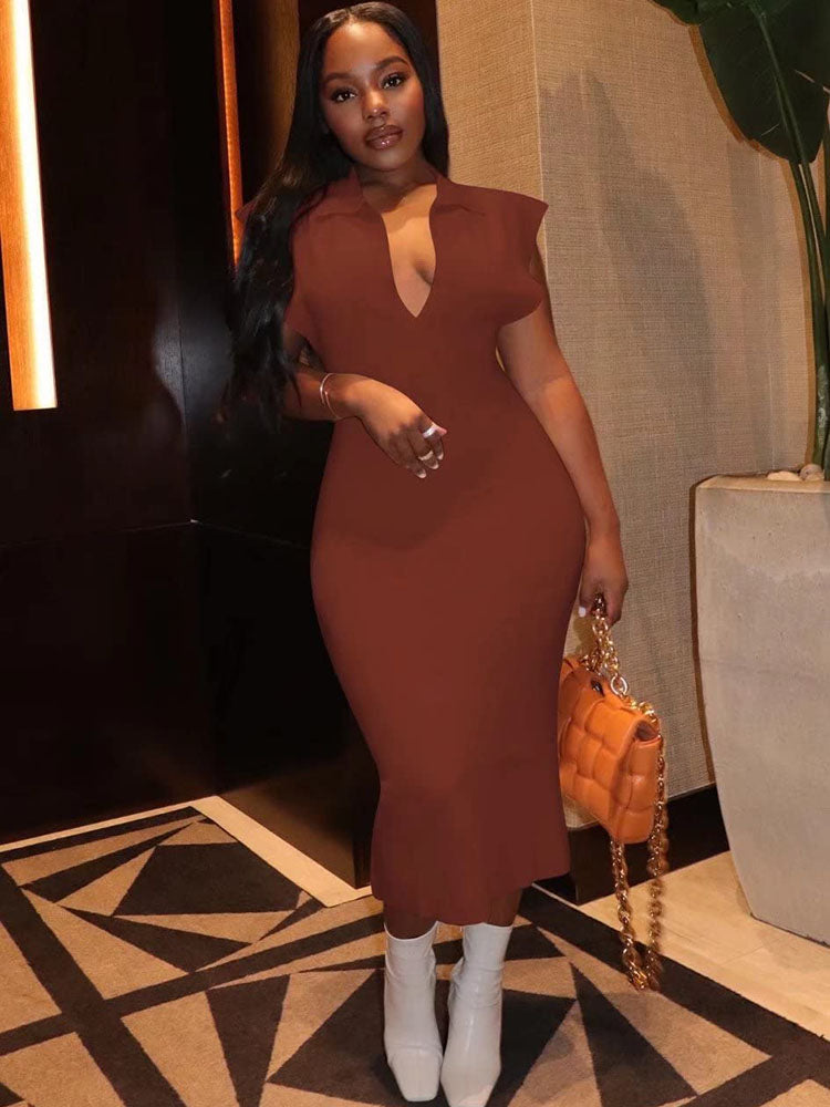 Sleeveless Lapel Tank Bodycon Midi Dresses Tiynon