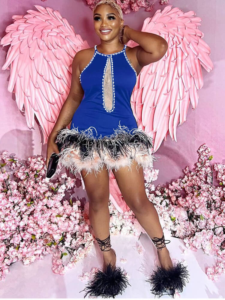 Sleeveless Mesh Feather Patchwork Mini Dresses Tiynon