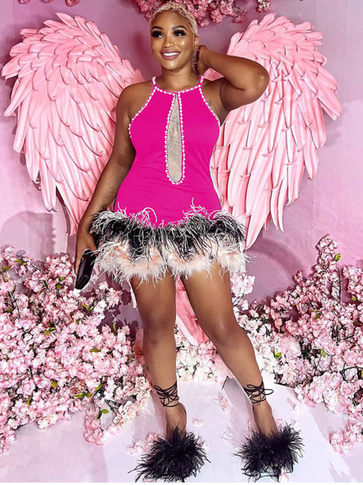 Sleeveless Mesh Feather Patchwork Mini Dresses Tiynon