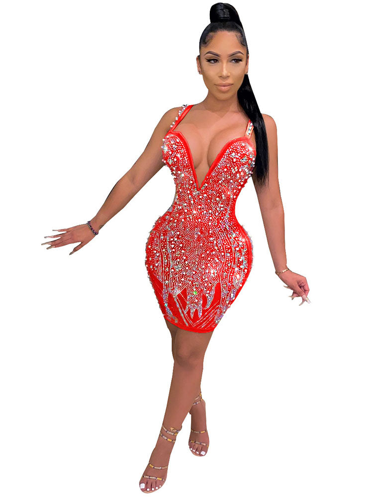 Sleeveless Mesh Rhinestone Bodycon Mini Dresses Tiynon