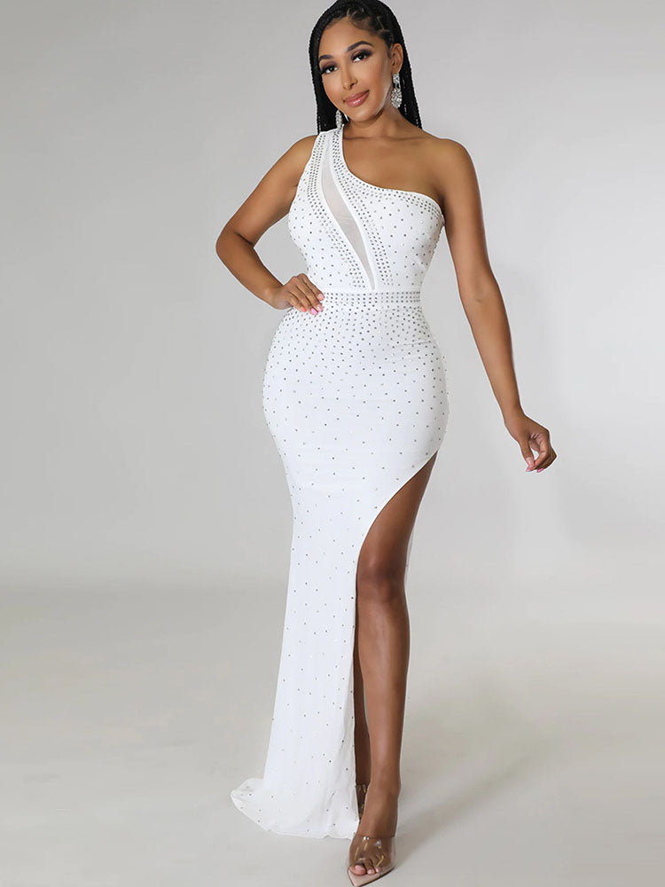 Sleeveless Rhinestone Side Split Maxi Dresses Tiynon