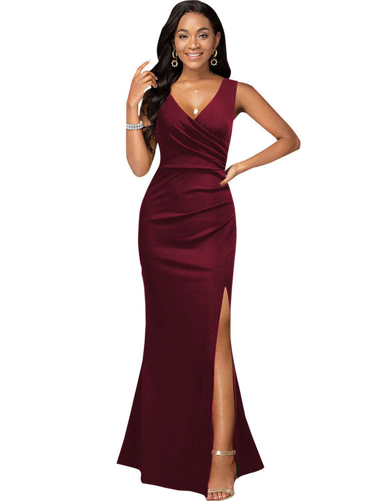 Sleeveless Ruched Split Maxi Dresses Tiynon