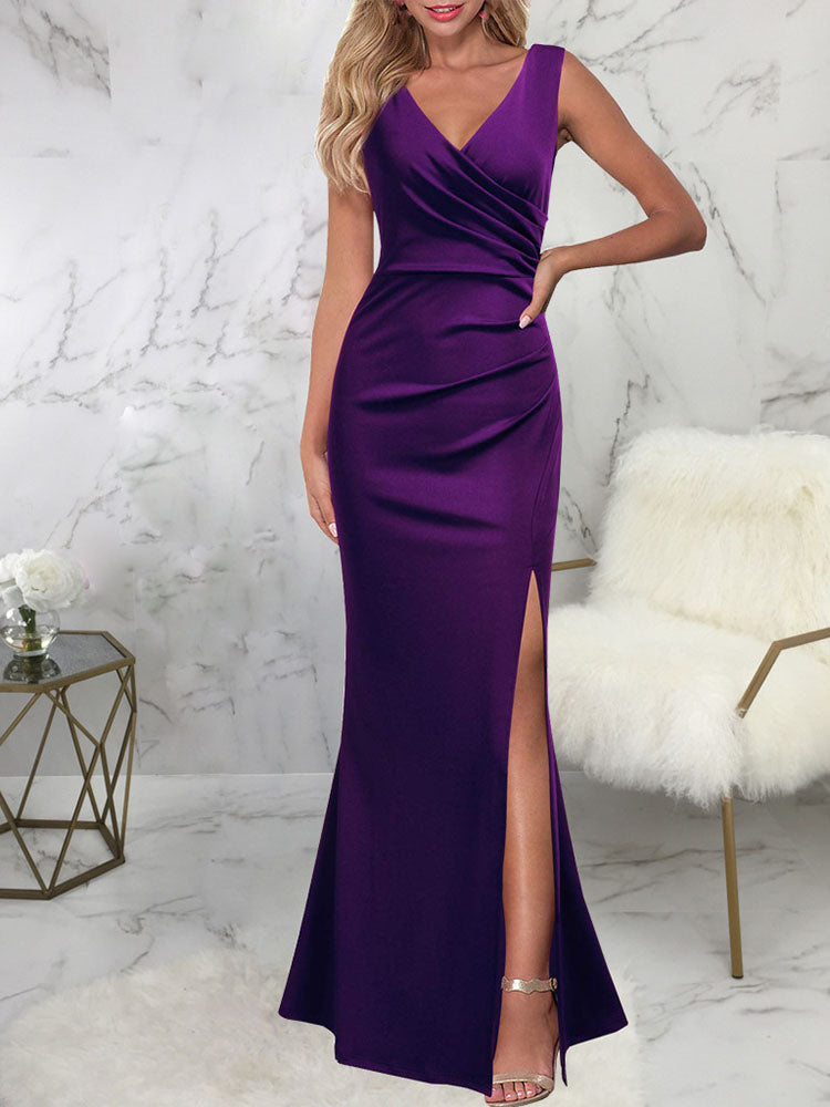 Sleeveless Ruched Split Maxi Dresses Tiynon