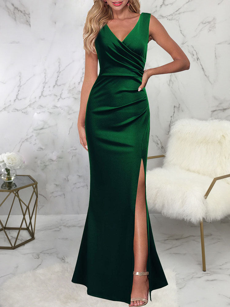 Sleeveless Ruched Split Maxi Dresses Tiynon