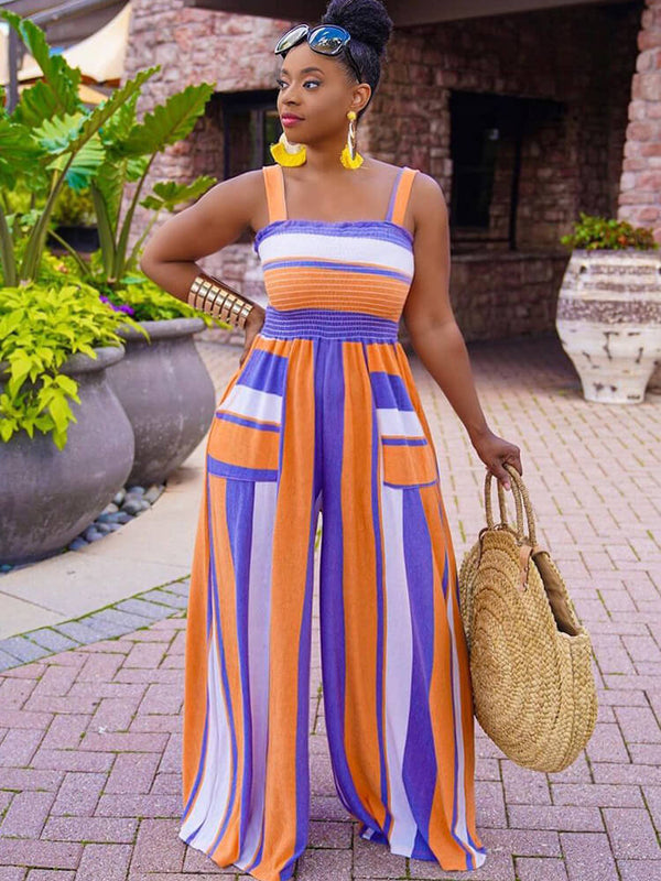 Sleeveless Striped Printed Wide Leg Jumpsuit With Pockets Tiynon