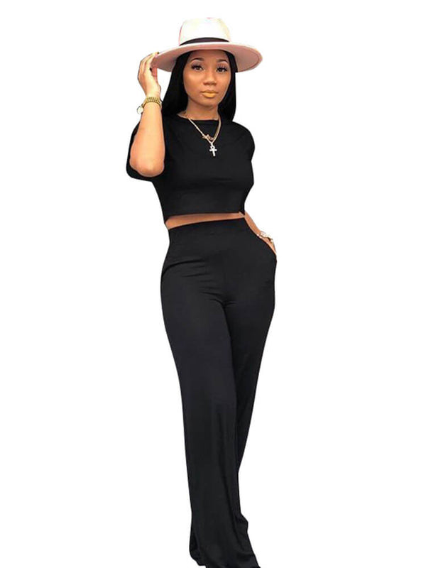 Slim Crop Top & Wide Leg Pants Set Tiynon