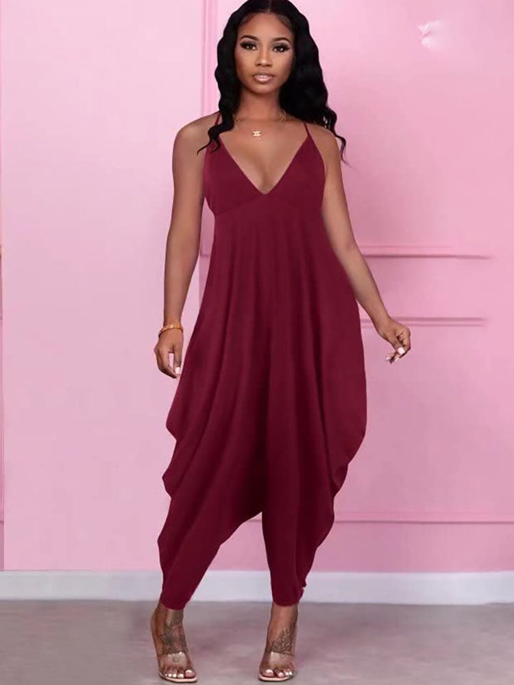 Solid Spaghetti Strap V Neck Rompers Tiynon