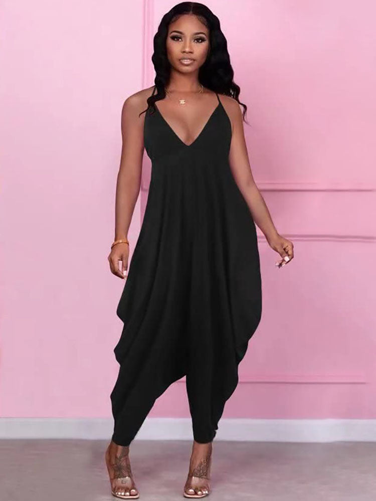 Solid Spaghetti Strap V Neck Rompers Tiynon