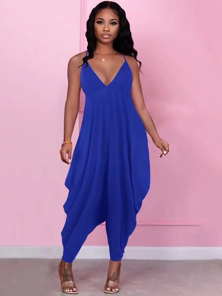 Solid Spaghetti Strap V Neck Rompers Tiynon