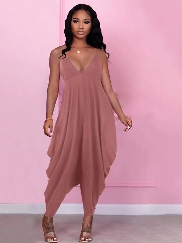 Solid Spaghetti Strap V Neck Rompers Tiynon
