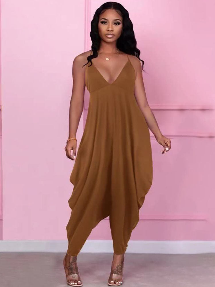 Solid Spaghetti Strap V Neck Rompers Tiynon