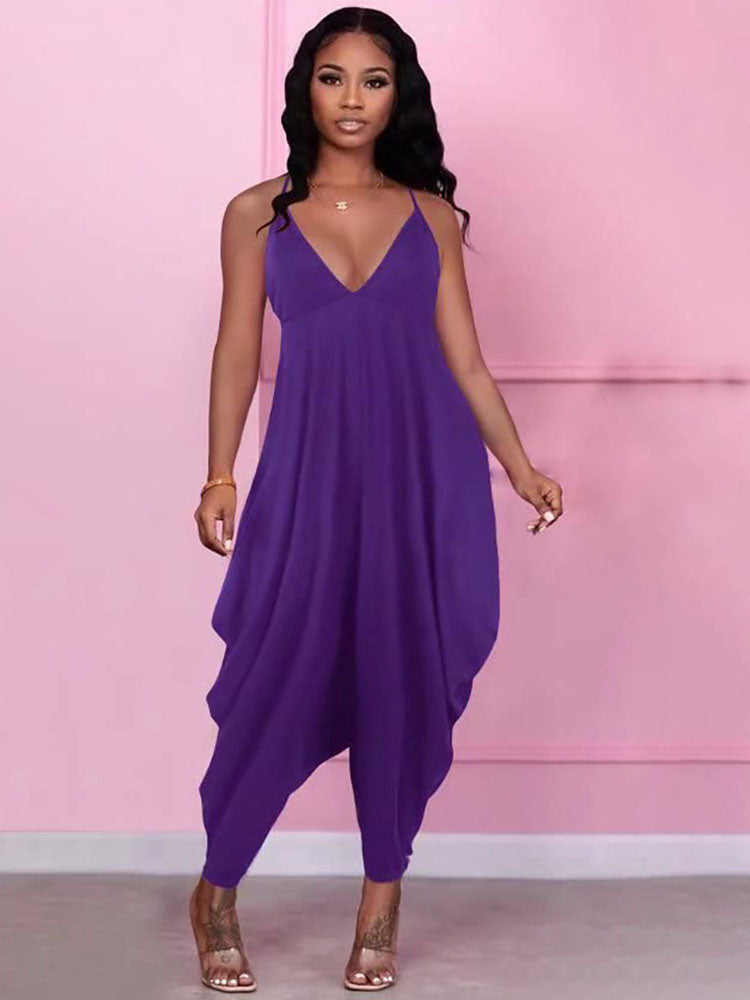 Solid Spaghetti Strap V Neck Rompers Tiynon