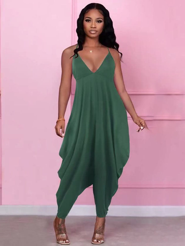 Solid Spaghetti Strap V Neck Rompers Tiynon