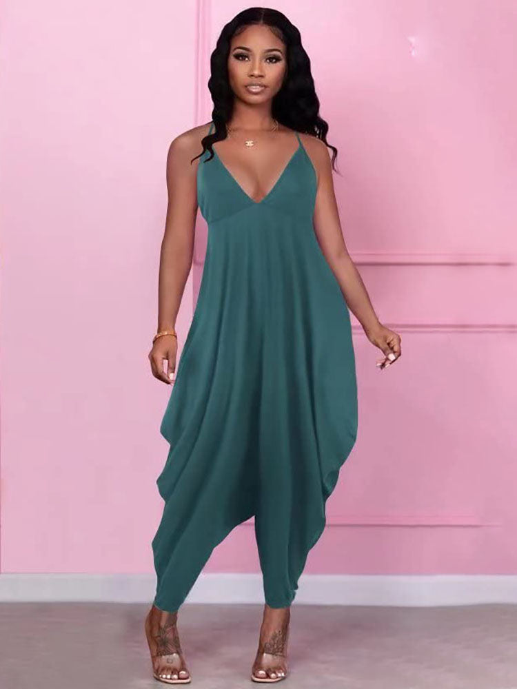 Solid Spaghetti Strap V Neck Rompers Tiynon