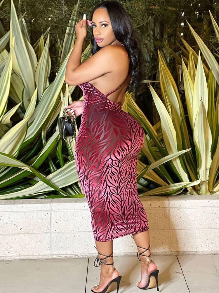 Spaghetti Strap Backless Floral Print Midi Dresses Tiynon