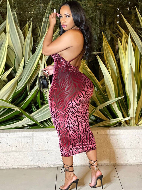 Spaghetti Strap Backless Floral Print Midi Dresses Tiynon