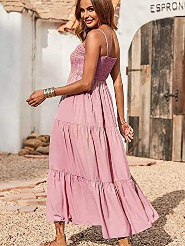 Spaghetti Strap Elastic Ruffle Midi Dresses Tiynon