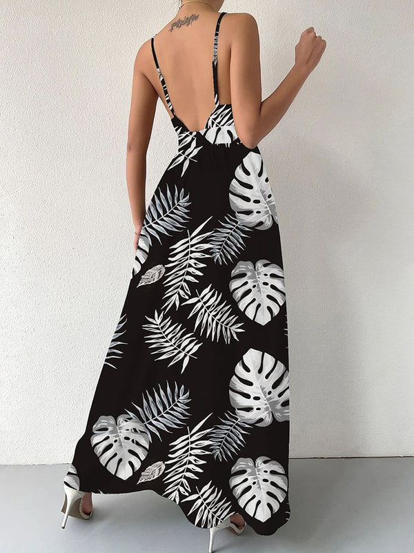Spaghetti Strap Leaf Print Maxi Dresses Tiynon