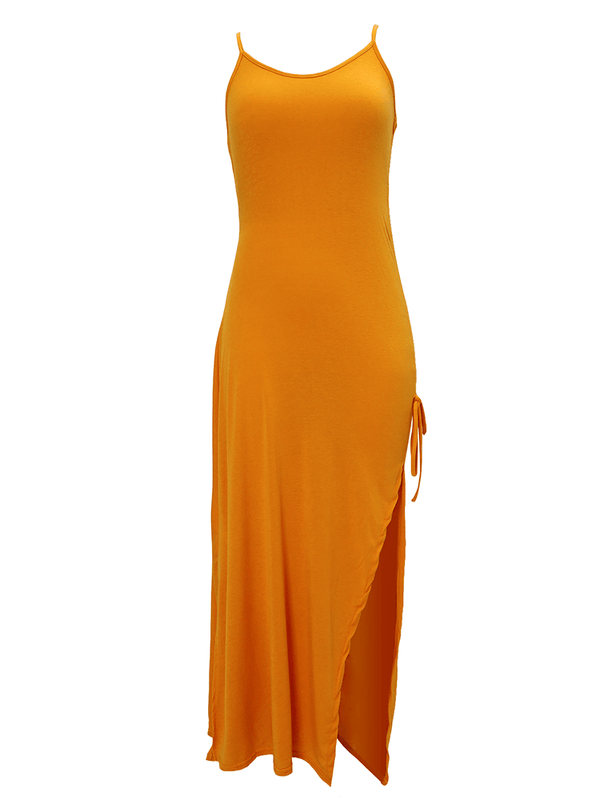 Spaghetti Strap Ruched Split Bodycon Dresses Tiynon