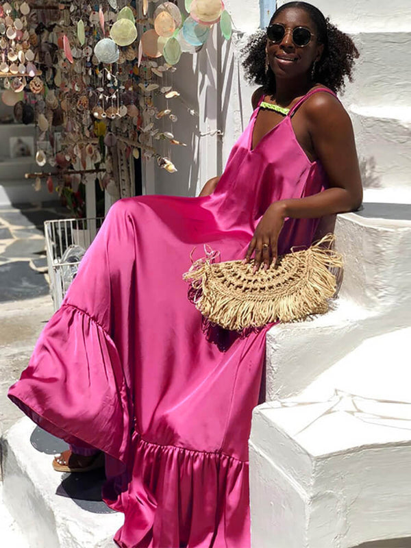 Spaghetti Strap Silk V Neck Maxi Dresses Tiynon