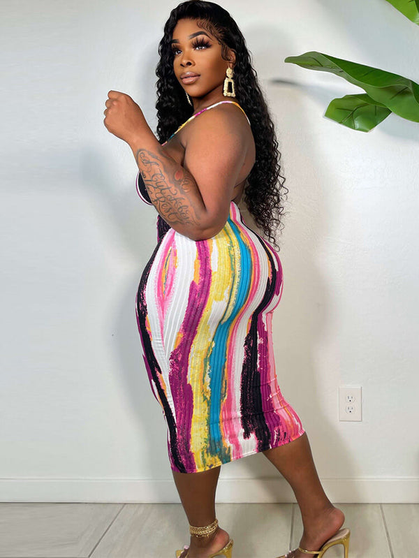 Spaghetti Strap Tie Dye Backless Midi Dresses Tiynon