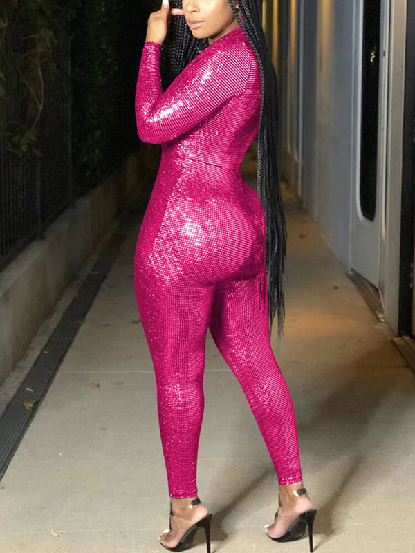 Sparkly Long Sleeve High Waisted Jumpsuits Tiynon