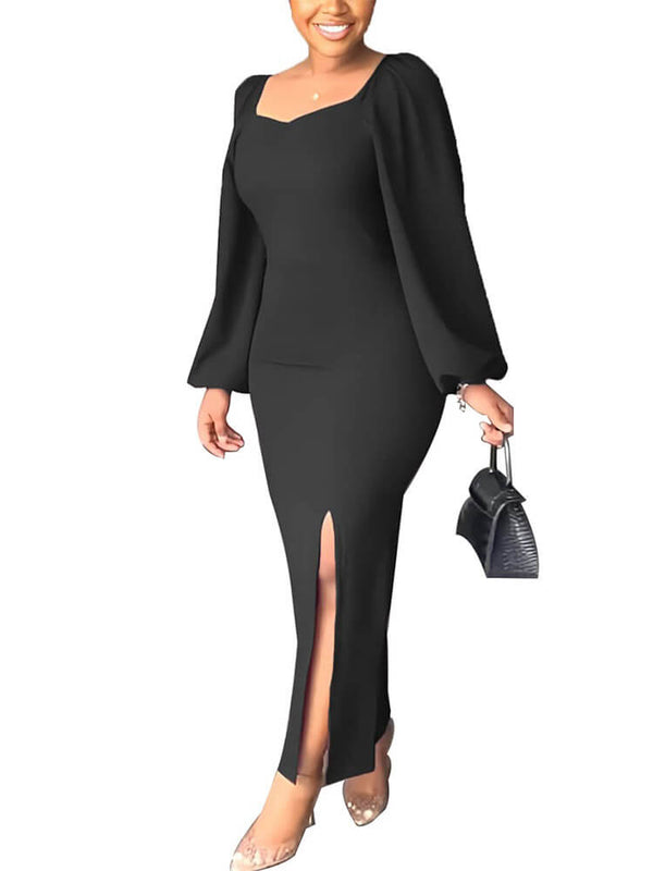 Square Neck Long Puff Sleeve Split Dress Tiynon