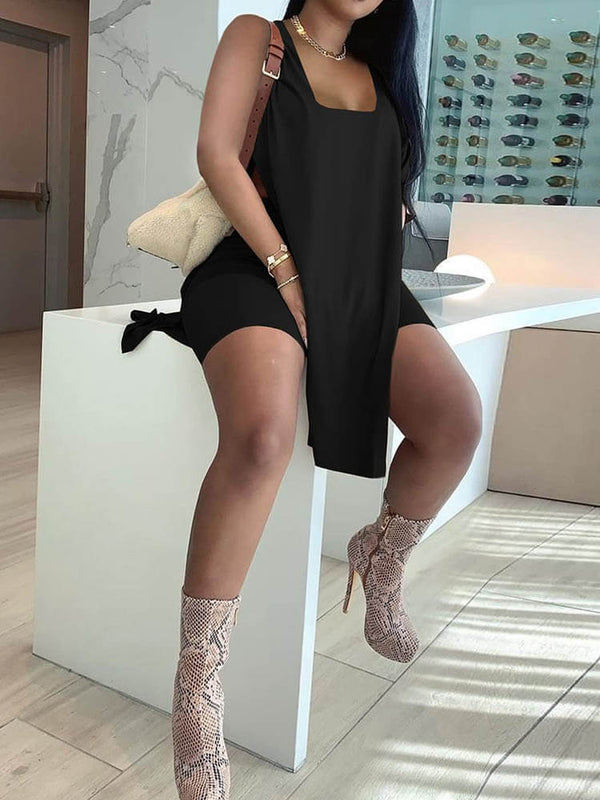 Square Neck Split Tank Tops & High Waist Shorts Tiynon