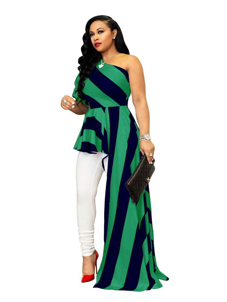 Striped One Shoulder High Low Irregular Blouse Top Dresses Tiynon