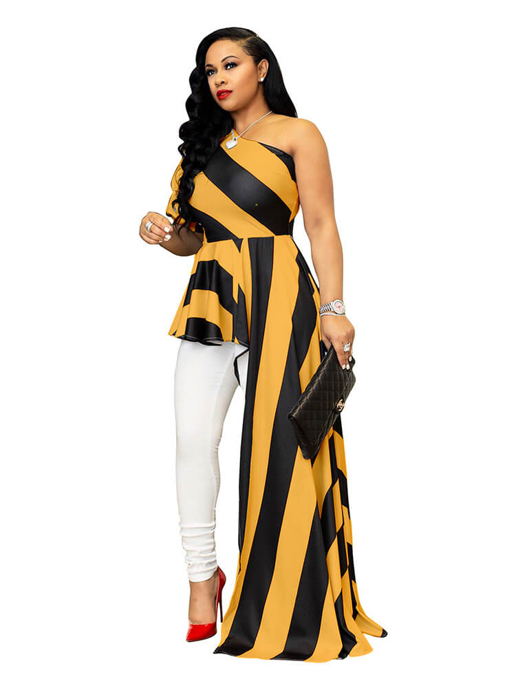 Striped One Shoulder High Low Irregular Blouse Top Dresses Tiynon