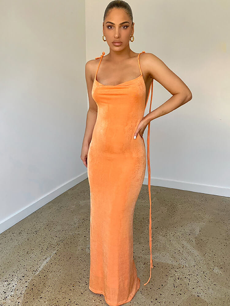 Swing Collar Spaghetti Strap Backless Maxi Dresses Tiynon