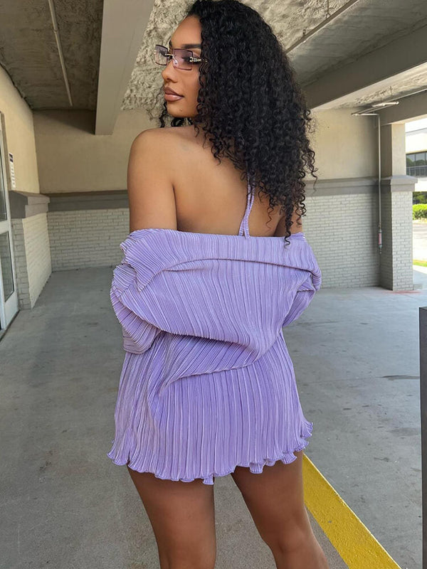 Three Piece Halter Top & Cardigan & Shorts Tiynon