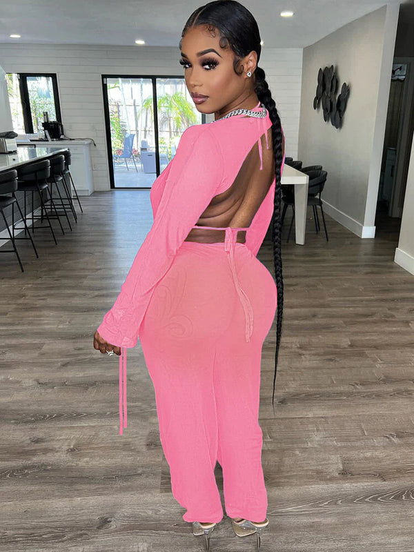 Three Piece Long Sleeve Mesh Cover Up Pants Suit Tiynon