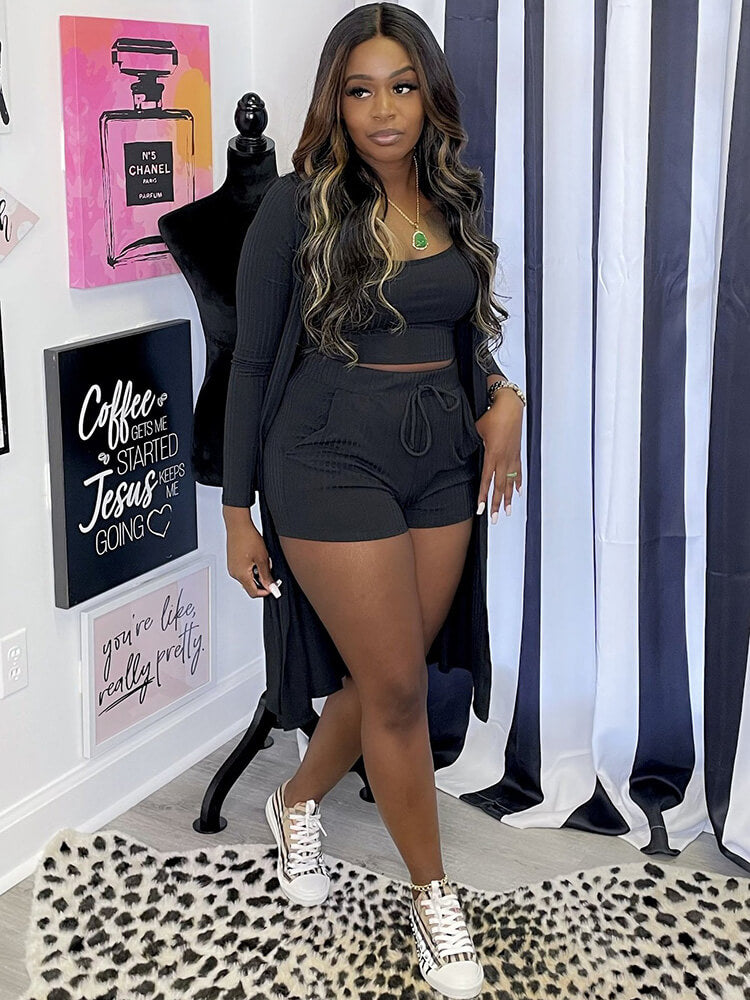 Three Piece Ribbed Solid Outfits Set Tiynon