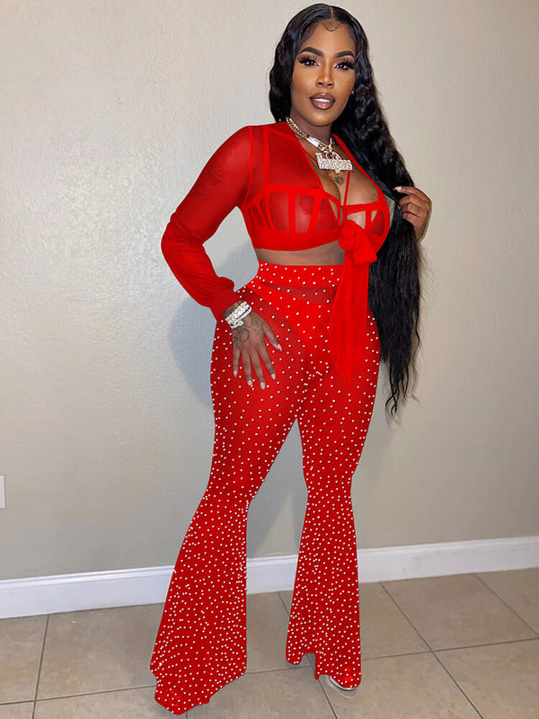 Three Piece Tie Front Crop Top & Flare Pants Tiynon