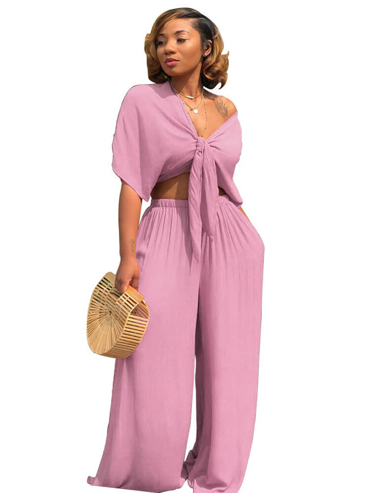 Two Piece Bowknot Tie Front Crop Top+Wide Leg Pant Sets Tiynon
