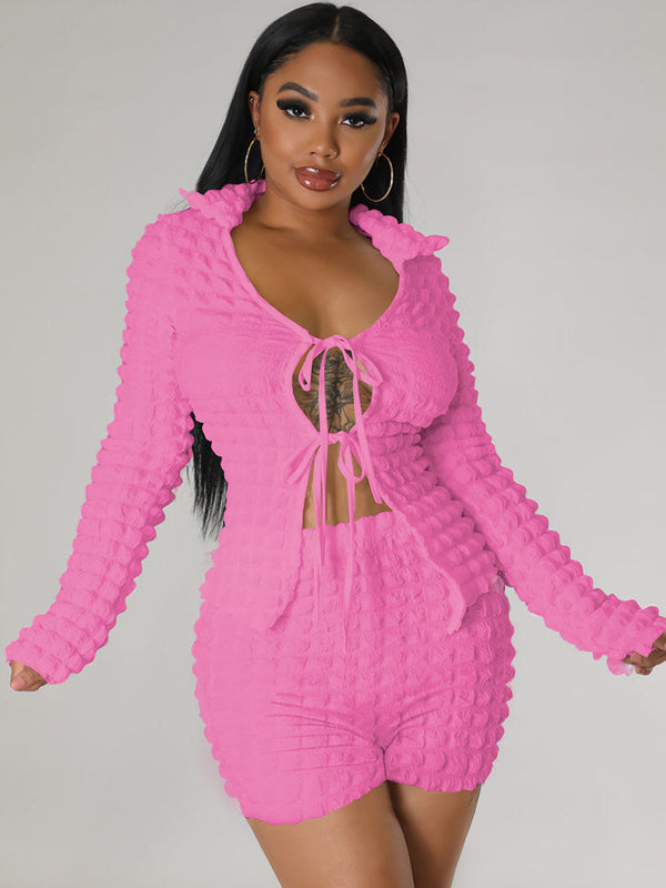 Two Piece Bubble Tie Up Crop Tops & Shorts Tiynon