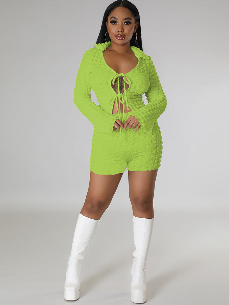 Two Piece Bubble Tie Up Crop Tops & Shorts Tiynon