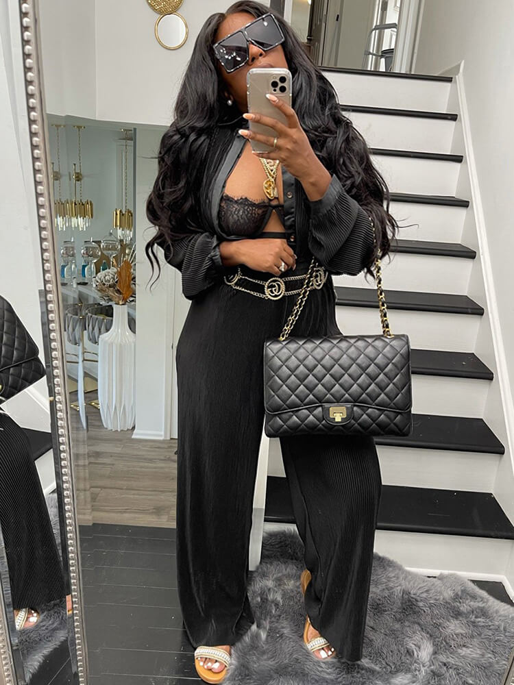 Two Piece Button Up Top & Long Pants Outfits Tiynon