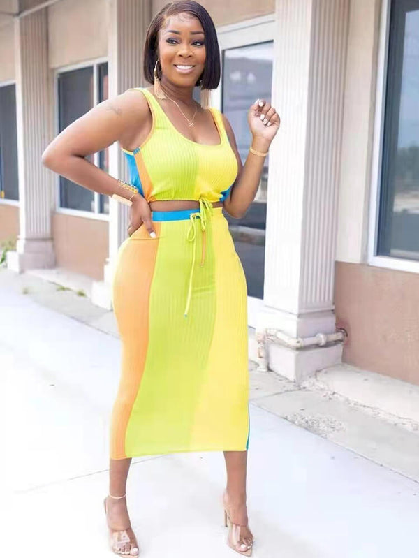 Two Piece Color Block Tank Top & Drawstring Skirts Tiynon