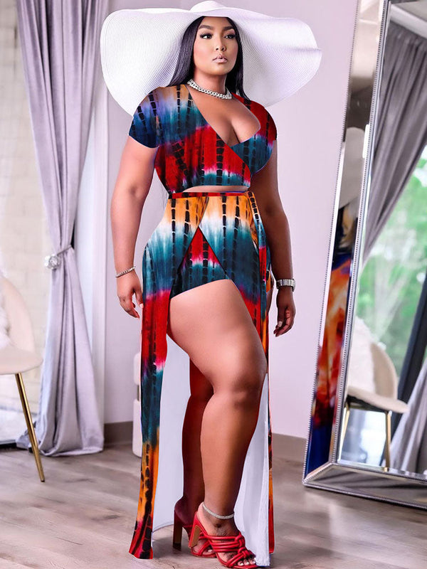 Two Piece Crop Top High Split Shorts Set Tiynon