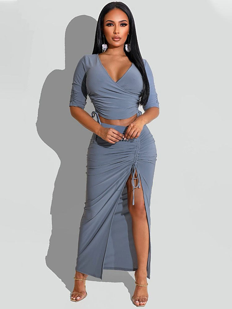 Two Piece Crop Top & Split Skirts Tiynon