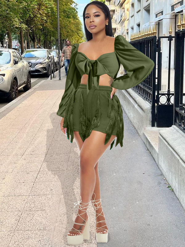 Two Piece Crop Top Tassels Shorts Tiynon