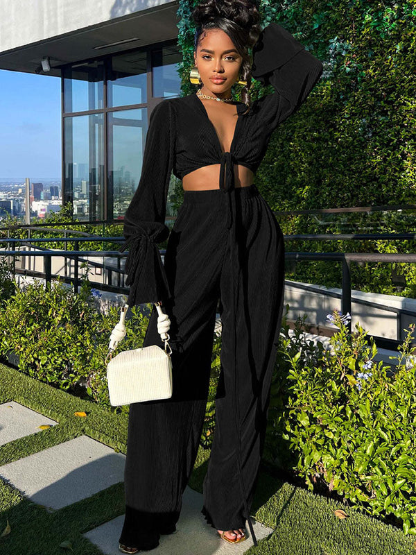 Two Piece Crop Top Wide Leg Pants Outfits Tiynon