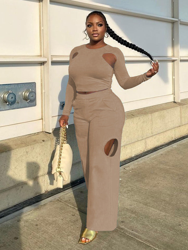 Two Piece Cut Out Crop Top & High Waist Pants Tiynon
