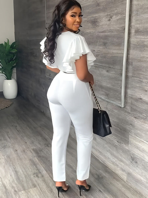 Two Piece Flutter Sleeves Crop Top Long Pants Tiynon
